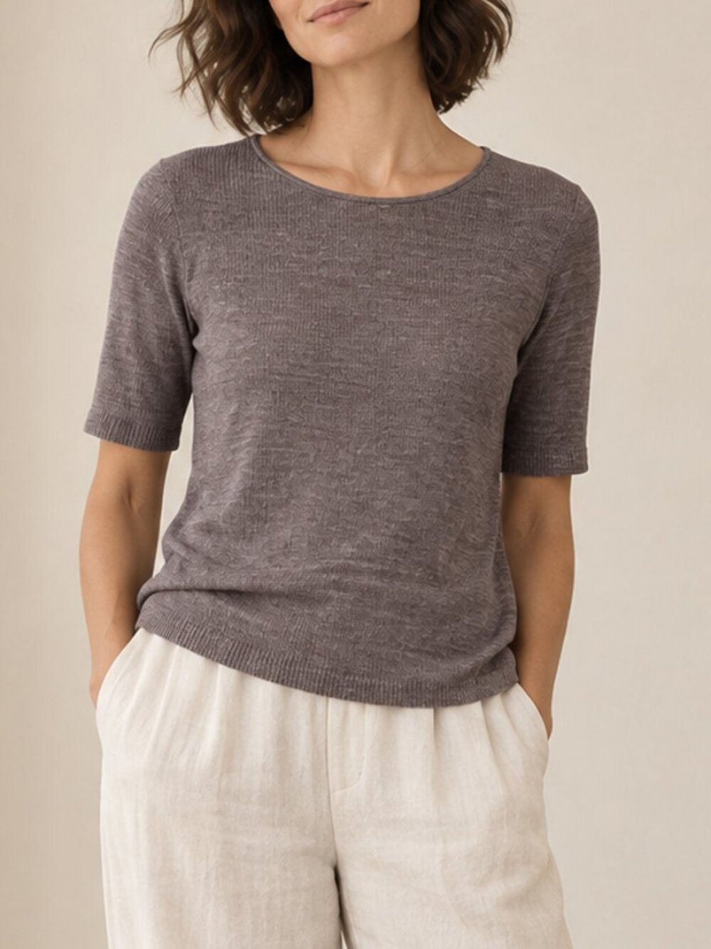 Eileen Fisher Brown Knit Linen Short Sleeve Tee Size XS